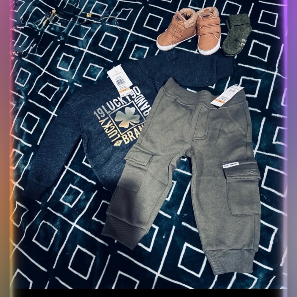 Lucky Brand Kids Green Cargo Joggers & Baby Crib boots and matching socks